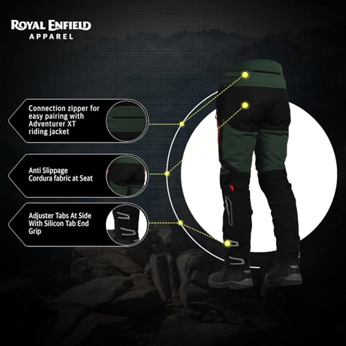 Image of ROYAL ENFIELD ADVENTURER XT RIDING TROUSER| CE level 2 armor at knee & hip | High abrasion resistance 610 D cordura fabric | Superfabric at Knees | Waistband adjusters | OLIVE 34 inch