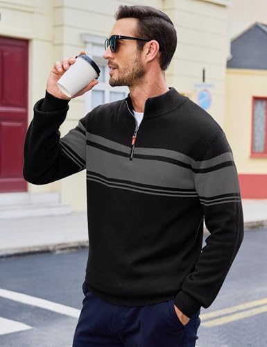 MAGCOMSEN Men's Sweaters 1/4 Zip Cotton Sweater Pullover Polo Sweaters Striped Fall Winter Warm Sweatshirts3