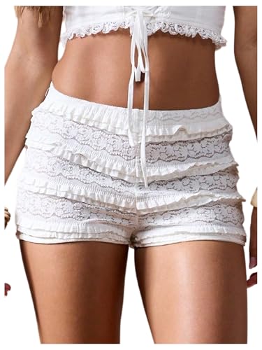 MakeMeChic Women's Ruffle Mini Shorts Crochet Layered Mesh Lace