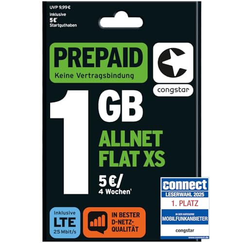 congstar Prepaid ALLNET XS SIM-Karte ohne Vertrag 1 GB im D-Netz Qualität für Wenigsurfer I 5G mit 25 Mbit/s 10 Startguthaben Telefon & SMS Flat in alle dt. Netze EU-Roaming inkl. ohne Vertrag.
