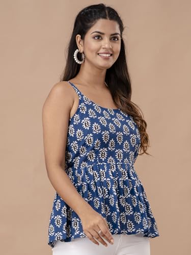 Image of feranoid Women Cotton Printed Sleeveless Strap Peplum Top