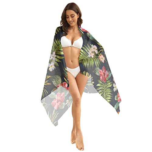 Lelemate Tropical Jungle Palm Leaf Hibiscus Flower Beach Summer Sarong For Womens Swimwear Cover Ups Chiffon Summer Pareo Spa Swimsuit Bikini Wrap Short Skirt For Park Boating Cruises #TOP4