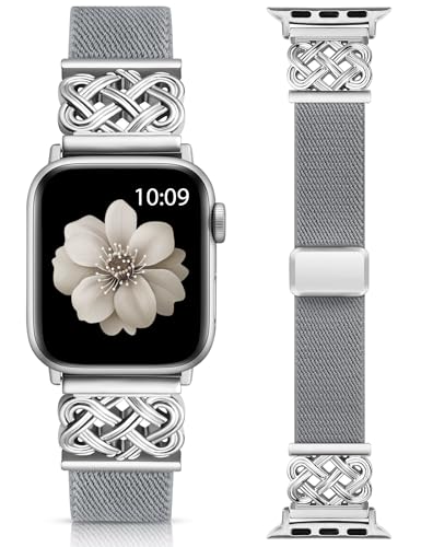 Minyee Magnetic Stretchy Band Compatible with Apple Watch Bands 38/40/41/42mm Women Men, Celtic Knot Soft Elastic Nylon Fabric Strap for iWatch Series 11 10 9 8 7 6 5 4 SE/Ultra 3 2 1, Grey/Silver