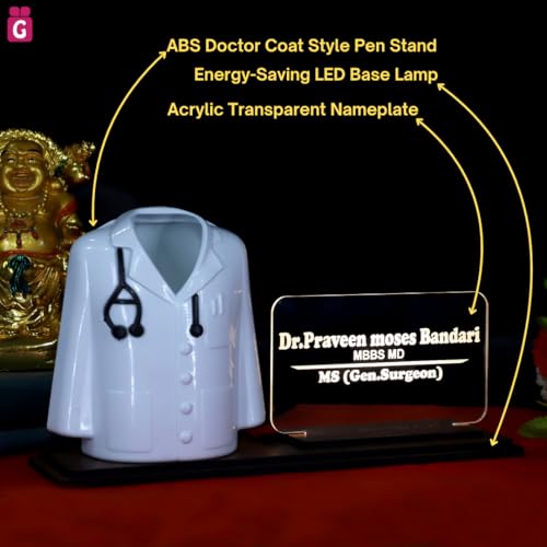 Image of Doctor Coat Pen Stand with LED Name Plate, Wooden Base, Bamboo Pen & Personalized Wooden Keyring | Customized Desk Organizer for Doctors & Medical Aspirants | Apron Shape Pencil Holder