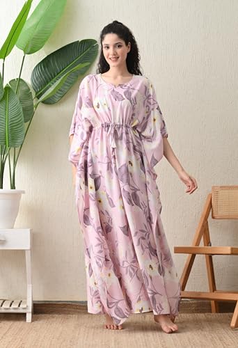 Image of Ichaa Women's Pink Rayon Printed Round-Neck Kaftan-Style Free Size Nighty with Drawstring