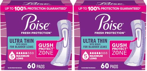 Image of Poise Ultra Thin Incontinence & Postpartum Pads with Wings for Bladder Leaks, 5 Drop Maximum Absorbency, Long Length, Packaging May Vary, 60 Count (Pack of 2)