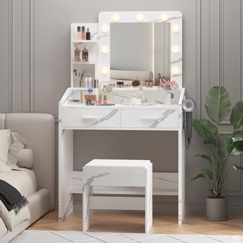 Garveehome Vanity Desk with Mirror and Lights, Makeup Vanity with Power Outlet & Cushioned Stool, 3 Lighting Modes Adjustable Brightness, Dressing Table with Hairdryer Holder for Bedroom, Marble White