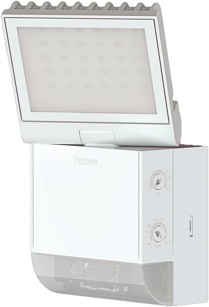 Theben 1020800 theLeda S8-100 WH LED-Strahler 8,5 W Bewegungsmelder weiß | Wandmontage außen, 4000 K neutralweiß, 180° mit 10 m Reichweite, drehbar/schwenkbar, IP55, 900 lm, zusätzlicher Schaltausgang