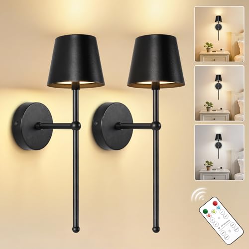 Kimjo 5200mAh Battery Operated Wall Lights Set of 2, Matt Black Rechargeable Wall Light Indoor, Cordless Wall Mounted Light with Remote, Dimmable Wall Sconce Light for Living Room Bedroom Corridor