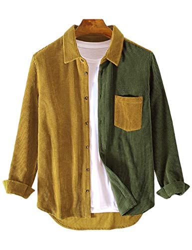 Uaneo Mens Corduroy Patchwork Long Sleeve Casual Button Down Shirt Shacket (Green-XL)