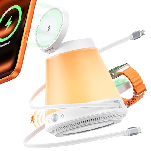 Meifigno 45W 5 in 1 for MagSafe Charger for Apple Multiple Devices, Charging Station with Automatic Sensor/Constant Night Light, Adjustable Color, Type C & Lightning Retractable Cable for iPad/AirPods