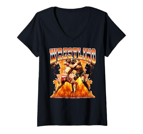 Donna Wrestling Wrestler Flames stile Bootleg anni '90 Maglietta con Collo a V