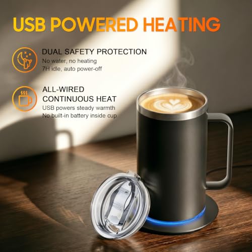 DEQIANG Self-Heating Coffee Mug, 17oz Stainless Steel Cup with Lid (Black) - image 3