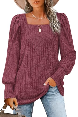 Image of WIHOLL Long Sleeve Shirts for Women Trendy Casual Square Neck Tops Lightweight Sweaters