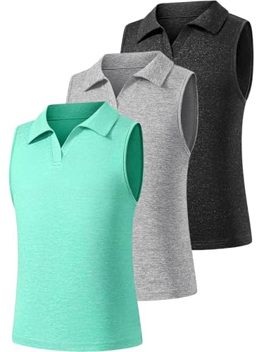 Ullnoy Girls Sleeveless Polo Shirt Golf Shirt Youth Girls Black/Gray/Cyan L