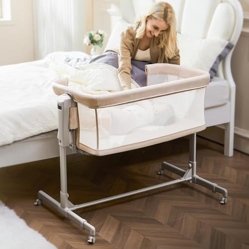 Image of ONTHEWEI Baby Bassinet Bedside Sleeper 3-in-1, Easy Night Feeding with One-Side Fold & Rolling Wheels, Breathable Mesh, 6-Height Adjustable, Soft Mattress for Newborns