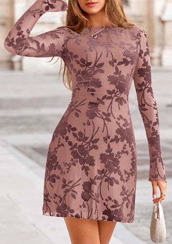 Image of PRETTYGARDEN Women's Fall Floral Long Sleeve Mini Dress | Printed Sheer Mesh, Bell Sleeve Boat Neck, Bodycon Short Dresses, Party Date Night, Cute Casual Outfits, Fashion Clothing