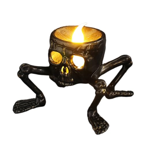 Velas de té falsas, vela LED con cabeza de esqueleto de Halloween, diseño de calavera de 8 cm, luz de té sin llama, funciona con pilas, decoración de mesa de Halloween espeluznante, accesorio de