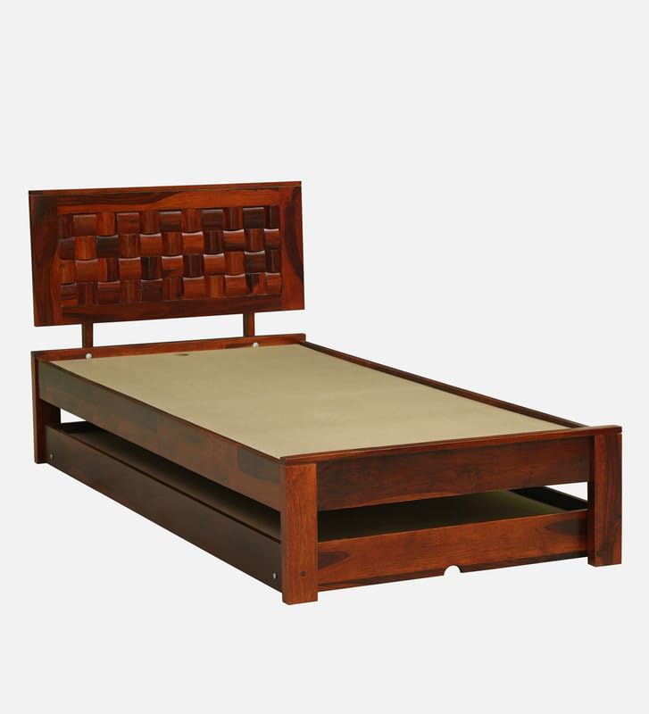 Image of Solid Sheesham Wood Woodora Single Size Trundle Bed with 1 Extra Pullout Bed | Wooden Single Bed Cot Palang Furniture for Bedroom Living Room Home and Hotel (Honey Oak Finish)