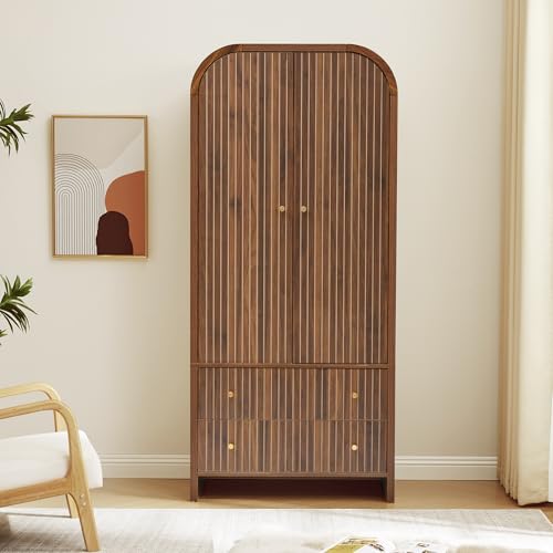 LEVNARY Arched Armoire Wardrobe Closet, Mid-Century Modern 2-Door Freestanding Wardrobe with Hanging Rod and 2 Drawers, Fluted Carved Clothing Storage Cabinet for Bedroom (Walnut)