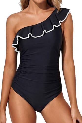 Model wearing swimsuit styles that balance wide hips.