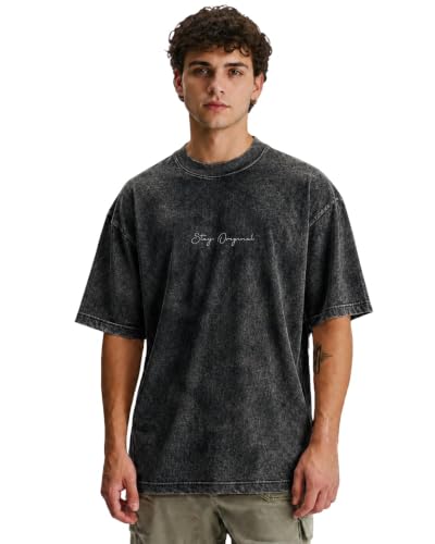 Image of VEL Heavy GSM Pure French Terry Cotton Men's Graphic Print Oversized Fit Half Sleeve Round Neck Cotton Acid Wash Print T-Shirt