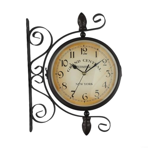 Reloj de pared de doble cara estilo estación de hierro redondo antiguo de 8 pulgadas reloj silencioso de cuarzo con números grandes para sala de estar, pasillo, porche, reloj de pared retro vintage