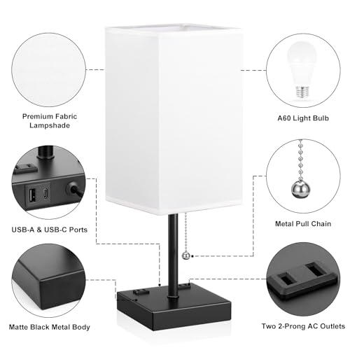 Image of Bedside Lamp for Bedroom - 3 Color Temperatures, USB A+C, 2 AC Outlets | Pull Chain Switch, LED Bulb Included, White Fabric Shade, 17.4 inch Table Lamp for Nightstand, Desk, Living Room, Office