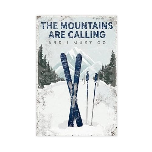 Poster Ski The Mountains Are Calling déco chalet moderne pour salon et chambre