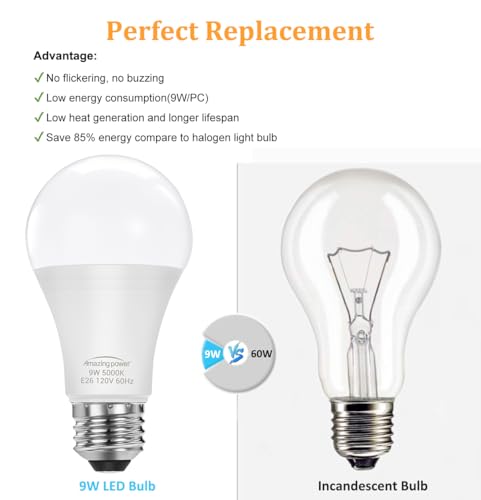 Amazing power E26 LED Bulbs, 60W Equivalent Medium Base Light Bulbs, 9W LED Bulbs, Daylight White 5000K 4-Pack — view 5