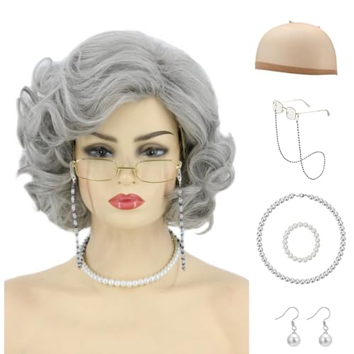 LINDADECOR 7pcs Old Lady Short Curly Grey Wig Cap Pearl Necklace Earring Glasses with Accessories Kit, Short Curly Layered Grandma Wig for Halloween Party Cosplay Old Lady Fancy Dress Wig Costume