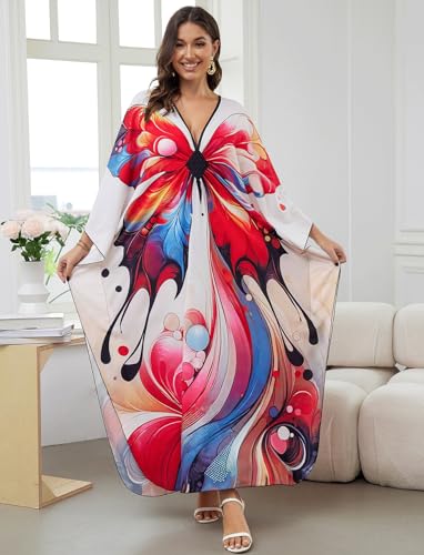 Image of KECVOT Kaftan Dresses for Women Plus Size Batwing Sleeve Caftans Long Bathing Suit Cover Up Maxi Beach Dress Loungewear