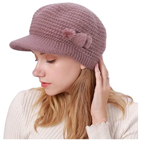 OVTRB Winter Warm Fleece Lined Slouchy Skull Visor Beanie Knitted Newsboy Hats for Women Fur Ball Decorative Cold Weather Brimmed Hat Purple Cover