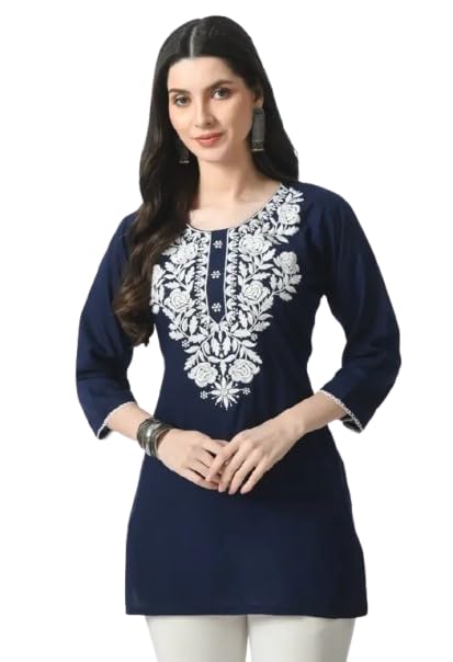 Women Navy Blue Embroidered Chikankari Straight Kurti - 3/4 Sleeve Ethnic Tunic Top | Size Medium-image-22