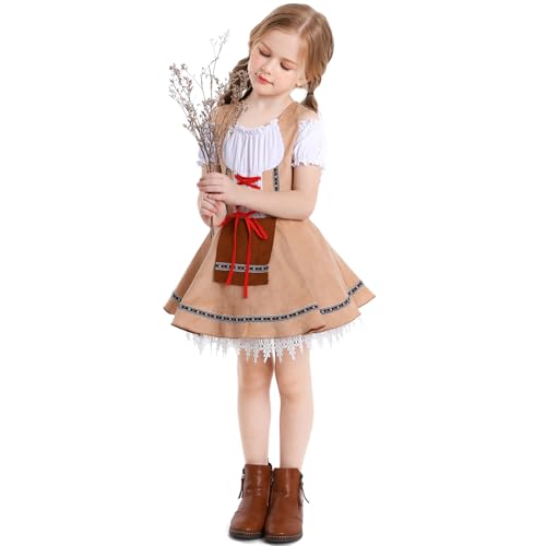 IBTOM CASTLE Oktoberfest Dress Kids Girls German Oktoberfest Costume Traditional Bavarian Beer Carnival Fraulein Cosplay Dress Outfit Pink Plaid Top Swing Pageant Dress Light brown 8-10 Years by IBTOM CASTLE - Image 3