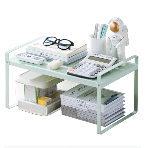 Expandable Desk Shelf, Fresh Green Small Desk Hutch, Steel Desktop Shelf with Non-Slip Pads, Desktop Bookshelf for Dorm Room, Office & Home 14"×11"×7"