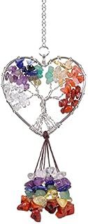CrystalTears Chakra Healing Crystals Car Hanging Ornament Handmade Tree of Life Wire Wrapped Heart Shape Quartz Crystal Stone Car Rear View Mirror Hanging Acceissories Wall Home Chritsmas Decor