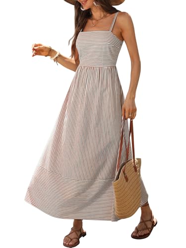 Image of Caracilia Womens Maxi Dresses Gingham Spaghetti Strap Back Smocked Flowy Long Sundress Summer Beach Vacation Clothes 2026