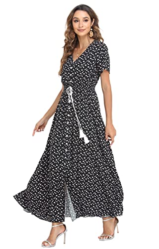 Image of VintageClothing Women's Floral Maxi Dresses Boho Button Up Split Summer Casual Long Dress Beach Party Dress