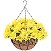 Ouddy decor artificial hanging flowers fake silk azalea plants with coconut lining hanging baskets outdoor for spring summer yard patio front porch home decorations yellow  urban country home decor