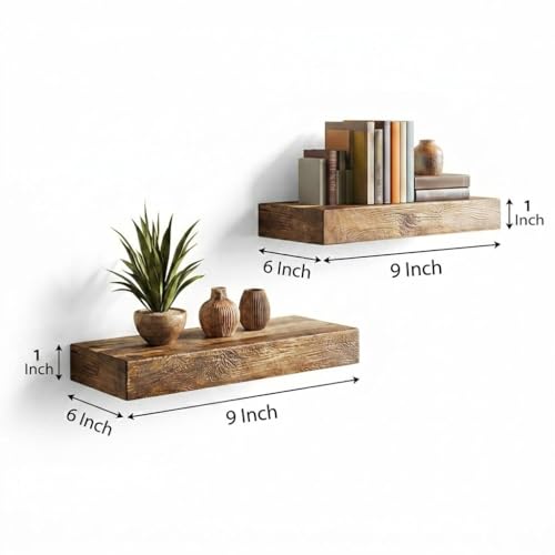 Image of Solid Wood Floating Wall Shelves | Rustic Wooden Display Shelves for Living Room, Bedroom, Kitchen & Bathroom | Heavy Duty Wall Mounted Shelves (9 Inches, 2 Shelves)