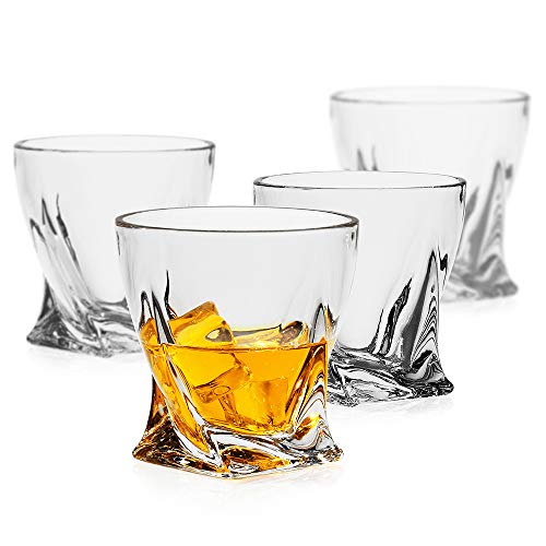 LUXU Whiskey Glasses(Set of 4)-10 oz Twisted Scotch Glasses,Premium Old Fashioned Glasses,Clear Crystal Bourbon Rock Glasses,Large Bar Glasses,Unique Glassware Tumblers for Cocktails