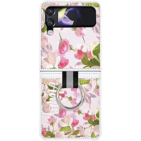 FLAT NOTE Compatible with Galaxy Z Flip 4 case, Flower Saffiano Wallet Ring Card Holder Cover [Compatible with Wireless Charging] (Pink Flower) Cover