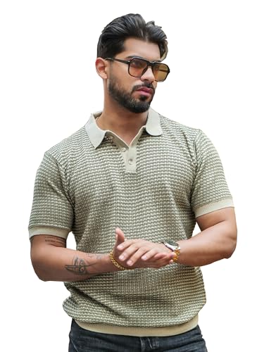 Image of Maniac Mens Grid Textured Green & Beige Polo Neck Half Sleeve Cotton Tshirt
