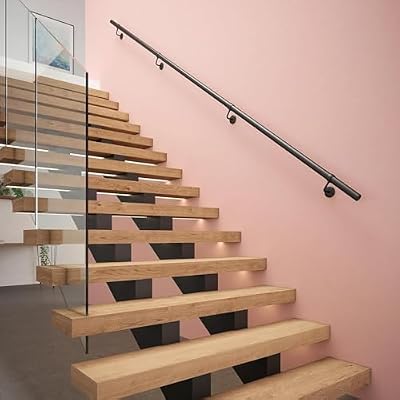 ROTHLEY Stair Railing Metal Handrails?11.8 FT Wall Mount Handrail Steel Hand Rail Industrial Pipe Hand Railings for Stairs Indoor (1.6" Round, Matt Black)