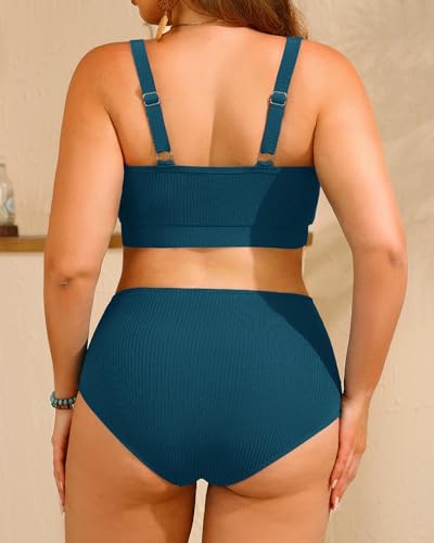 Women Plus Size High Waisted Bikini - Ribbed Two Piece Swimsuit Tummy Control Bathing Suit V-Wired 2025 Swimwear2