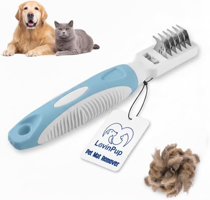 Pet Mat Remover – Professional Dematting Comb for Dogs and Cats | Dematting Comb w/Stainless Steel Rounded Teeth for Gentle Knot & Tangle Removal – Dog Dematting Tools & Dog Grooming Supplies