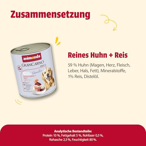 animonda GranCarno Hunde Nassfutter Sensitiv Reines Huhn + Reis (6 x 800g), getreidefreies Hundenassfutter ohne Zucker, für ausgewachsene Hunde, mit frischen fleischigen Zutaten