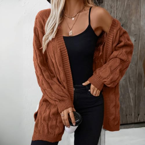 Image of Womens Cable Knit Long Sleeve Open Front Cardigan with Pockets, Mid Length Long Cardigans for Women Lightweight