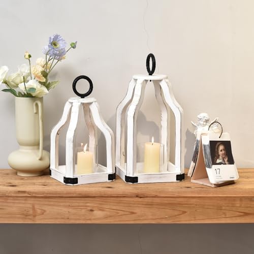 Rustic-Farmhouse-Wood-Candle-Hurricane-Lantern-with-Glass-Candlestick-Holder-for-Patio-Table-Centerpiece-White-Set-of-2 Rustic Farmhouse Wood Candle Hurricane Lantern with Glass Candlestick Holder for Patio Table Centerpiece White Set of 2